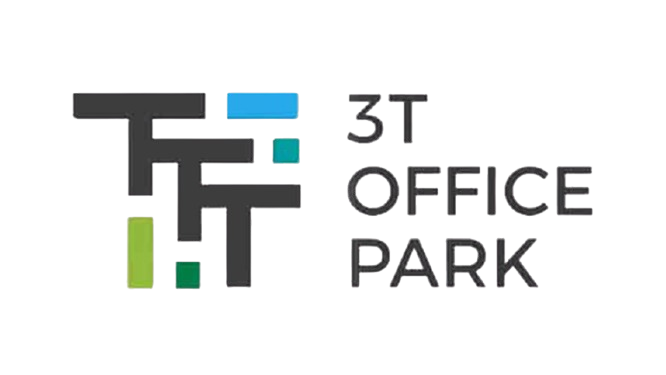 Logo z czarnymi literami "3T" oraz kolorowymi prostokątami, obok napis "3T OFFICE PARK" w czarnym kolorze.