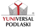 Logo z napisem "Yuniversal Podlaski", przedstawiające dwa stylizowane budynki połączone czerwonym elementem w kształcie litery "Y".