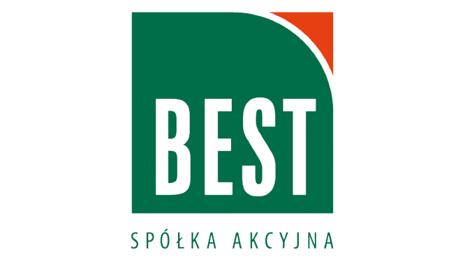 Zielone logo z białym napisem "BEST". W rogu logo znajdują się pomarańczowe i zielone trójkąty. Pod spodem napis "SPÓŁKA AKCYJNA".