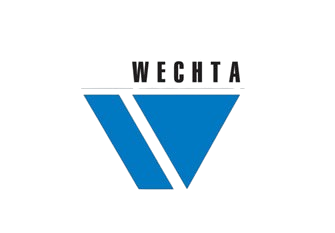 Logo z literą "V" w kształcie trójkąta, w kolorze niebieskim. Nad nią czarny napis "WECHTA". Tło białe.