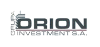 Logo z napisem "GRUPA ORION INVESTMENT S.A." i grafika przedstawiającą wieżowiec po lewej stronie liter "ORION".