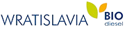 Logo Wratislavia Biodiesel z liśćmi w kolorach zielonym i żółtym obok napisu.