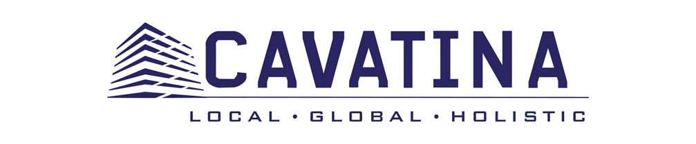 Logo z napisem "Cavatina" oraz symbolem budynku z lewej strony. Pod spodem napis: "Local · Global · Holistic".